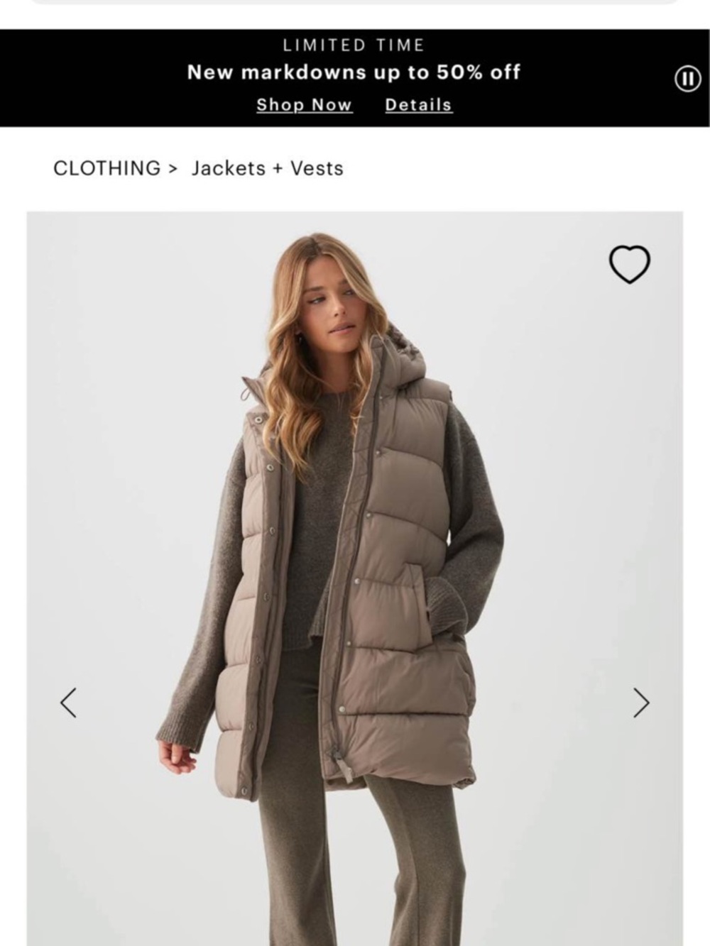 Women's Hooded Puffer Vest - Taupe